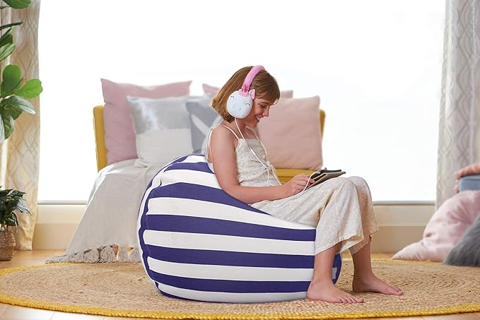 Aubliss Stuffed Animal Bean Bag Storage Chair (Royal Blue/White Striped, Medium (32'')) - LeafyLoom