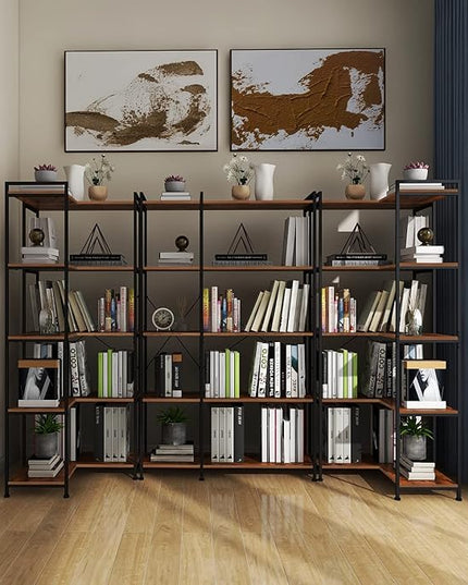 Bookshelf 5 Tier Deformable Corner Bookcase Free Standing Modern Industrial Book Storage Display Book Shelf for Bedroom Living Room Study Room Office (Brown) - LeafyLoom