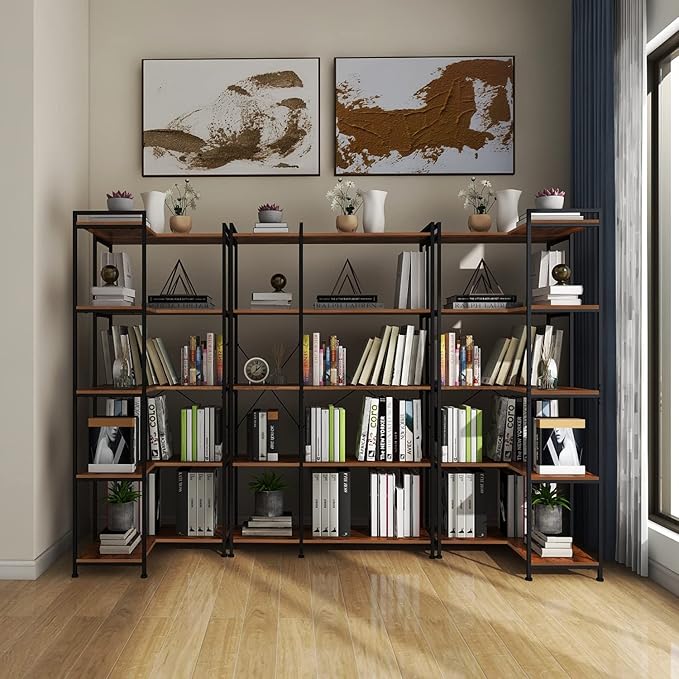 Bookshelf 5 Tier Deformable Corner Bookcase Free Standing Modern Industrial Book Storage Display Book Shelf for Bedroom Living Room Study Room Office (Brown) - LeafyLoom