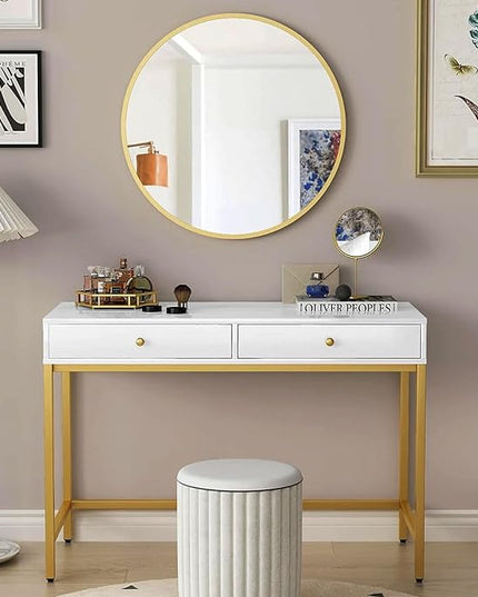 White-Vanity-Desk with 2 Drawers, White/Gold Home-Office-Desks Glossy Desktop Makeup-Vanity-Table Modern Writing Computer Standing Desk with Wood Top and Metal Frame for Home Office Bedroom Furniture - LeafyLoom