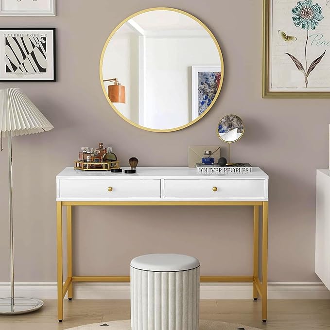 White-Vanity-Desk with 2 Drawers, White/Gold Home-Office-Desks Glossy Desktop Makeup-Vanity-Table Modern Writing Computer Standing Desk with Wood Top and Metal Frame for Home Office Bedroom Furniture - LeafyLoom