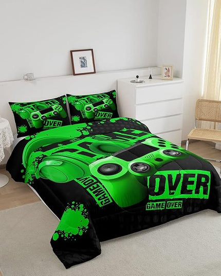 Feelyou Gamer Comforter Sets for Boys Teens Gaming Comforter King Size Kids Video Game Comforter Set Green Black Room Decor Headphone Gamepad Bedding Set Reversible Quilt for All Season 3Pcs Boys - LeafyLoom