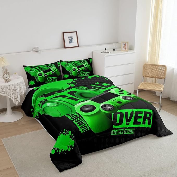 Feelyou Gamer Comforter Sets for Boys Teens Gaming Comforter King Size Kids Video Game Comforter Set Green Black Room Decor Headphone Gamepad Bedding Set Reversible Quilt for All Season 3Pcs Boys - LeafyLoom