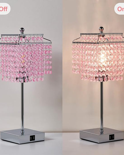 Luvkczc Pink Bedside Crystal Table Lamp, Touch Control Crystal Lamps with USB C+A Ports, 3-Way Dimmable Lamp with Crystal Shade for Girl Bedroom, Living Room, 6W B11 Bulb Included - LeafyLoom