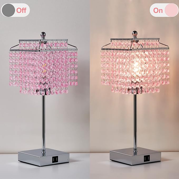 Luvkczc Set of 2 Bedside Pink Crystal Table Lamp, Touch Control Crystal Lamp, 3-Way Dimmable Lamp with Crystal Shade for Bedroom, Girl Living Room, 6W B11 Bulb Included - LeafyLoom