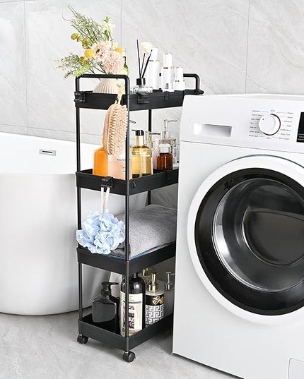 AROGAN Rolling Storage Cart with Wheels, 4 Tier Bathroom Storage Cart Laundry Room Organizer, Rolling Utility Cart for Kitchen, Bathroom, Laundry Room, Office, Narrow Place (Black) - LeafyLoom