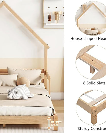 Full Size Bed Frame for Kids,House-Shaped Headboard Kids Bed,Girls Bed with Handrails,Low Platform Bed for Boys Girls,No Box Spring Needed(Natural) - LeafyLoom