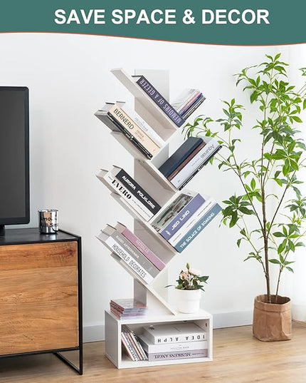 Yoobure Tree Bookshelf - 6 Shelf Retro Floor Standing Bookcase, Tall Wood Book Storage Rack for CDs/Movies/Books, Utility Book Organizer Shelves for Bedroom, Living Room, Home Office, White - LeafyLoom