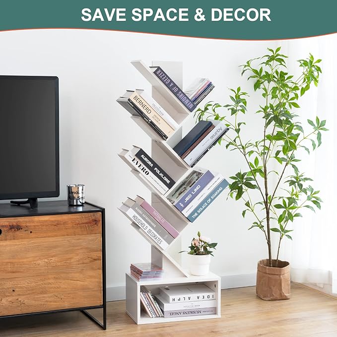 Yoobure Tree Bookshelf - 6 Shelf Retro Floor Standing Bookcase, Tall Wood Book Storage Rack for CDs/Movies/Books, Utility Book Organizer Shelves for Bedroom, Living Room, Home Office, White - LeafyLoom