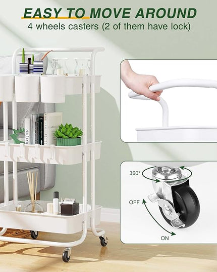 LEHOM 3-Tier Rolling Utility Cart with Hanging Cups & Hooks & Handle, Plastic Art Cart Organizer Storage with Wheels, Easy Assembly for Office, Bedroom, Kitchen, Bathroom, Laundry (White) - LeafyLoom