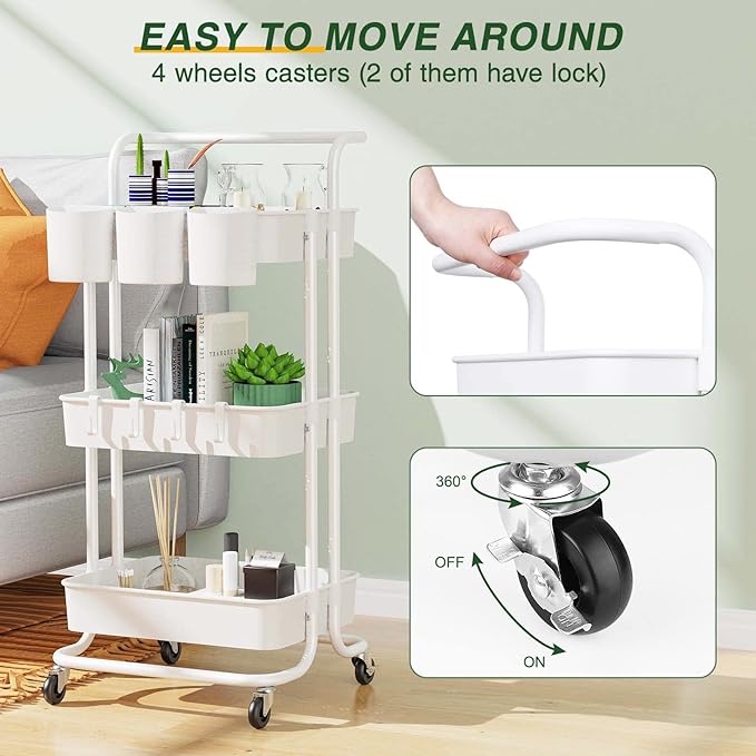 LEHOM 3-Tier Rolling Utility Cart with Hanging Cups & Hooks & Handle, Plastic Art Cart Organizer Storage with Wheels, Easy Assembly for Office, Bedroom, Kitchen, Bathroom, Laundry (White) - LeafyLoom