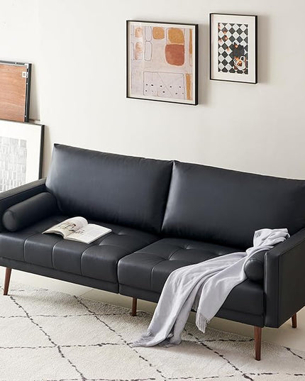Vonanda Faux Leather Sofa Couch, Mid-Century 73 Inch 3 Seater Leather Couch with Wood Grain Metal Legs and Bolster Pillows for Living Room,Elegant Black - LeafyLoom