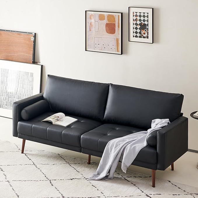 Vonanda Faux Leather Sofa Couch, Mid-Century 73 Inch 3 Seater Leather Couch with Wood Grain Metal Legs and Bolster Pillows for Living Room,Elegant Black - LeafyLoom