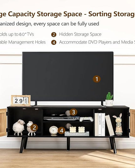 Iwell Rattan TV Stand for 60 Inch TV, Entertainment Center with 2 Cabinets & Adjustable Shelf, Rattan TV Console, Media Console for Living Room, Black+Natural - LeafyLoom