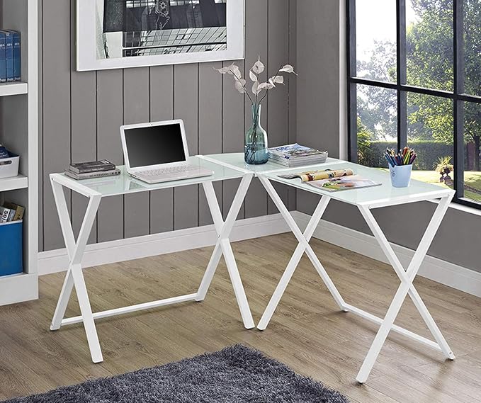 Walker Edison Wright Modern X Leg Glass Top Corner Computer Gaming L Shape Desk Home Office, 51 Inch, White - LeafyLoom