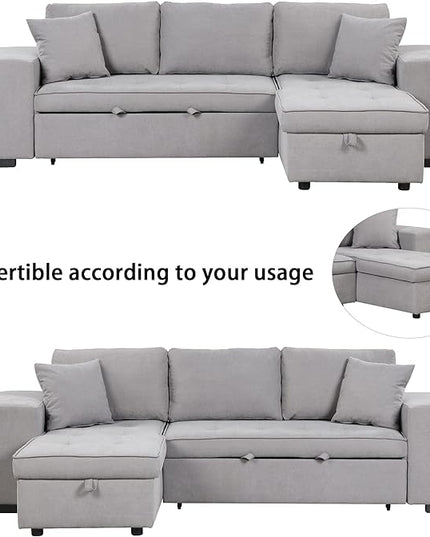 L Shaped Reversible Sleeper Sectional Sofa Pull Out Couch Bed with Storage Chaise Lounge and 2 Stools, Button Tufted Chenille Upholstered Convertible Pullout Sofabed for Living Room Office - LeafyLoom