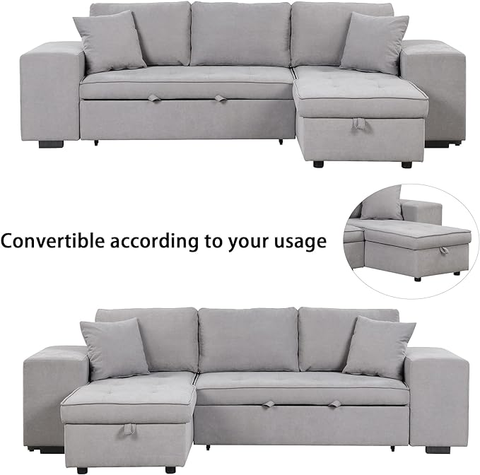 L Shaped Reversible Sleeper Sectional Sofa Pull Out Couch Bed with Storage Chaise Lounge and 2 Stools, Button Tufted Chenille Upholstered Convertible Pullout Sofabed for Living Room Office - LeafyLoom
