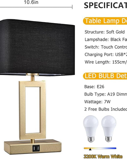 Black Table Lamps Set of 2 with Dual USB Ports,3-Way Dimmable Touch Control Bedside Lamps,Modern Bedroom Table Lamp for Living Room,Nightstand LED Bulbs Included - LeafyLoom