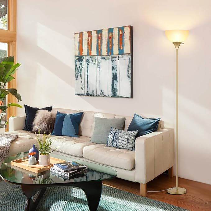 Floor Lamp, LED Standing Lamps with White Plastic Shade, White Modern Torchiere Floor Lamp, Simple Tall Lamps for Living Room Dorm Bedroom, Rotary Switch, E26 Base, Bulb not Included, Gold - LeafyLoom