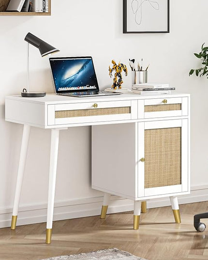 Anmytek Rattan Vanity Desk with Drawers and Storage, White Makeup Vanity Table Modern Home Office Desk Computer Desk for Study D0006 - LeafyLoom