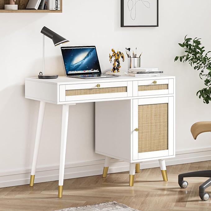 Anmytek Rattan Vanity Desk with Drawers and Storage, White Makeup Vanity Table Modern Home Office Desk Computer Desk for Study D0006 - LeafyLoom