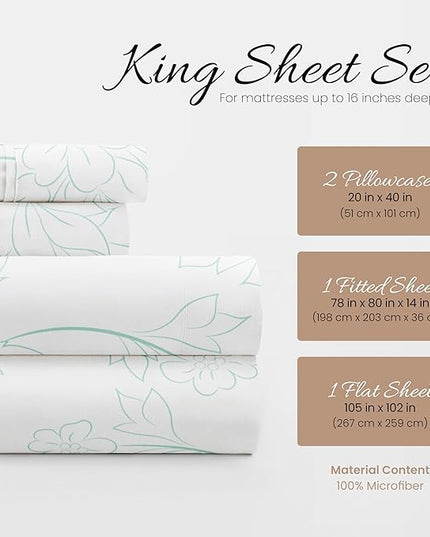 Linen Market 4 Piece King Bedding Sheet Set (Vines Aqua) - Sleep Better Than Ever with These Ultra-Soft & Cooling Bed Sheets for Your King Size Bed - Deep Pocket Fits 16" Mattress - LeafyLoom