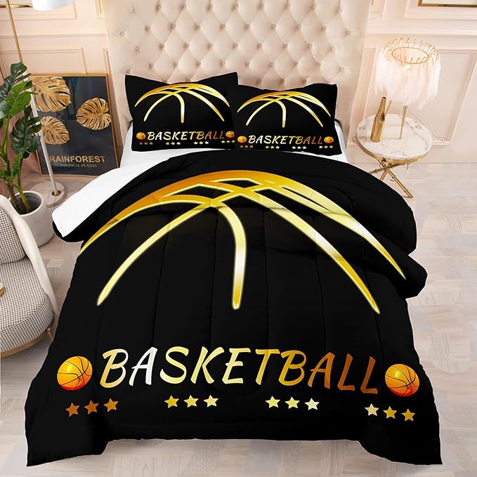 NINENINE Black and Gold Basketball Comforter Set for Boys Kids Teens Twin Size Sports Bedding Set Soft Microfiber Quilt Bed Set with 1 Comforter 1Pillowcase - LeafyLoom