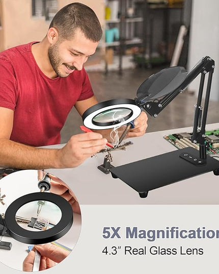 Magnifying Glass with Light with Base Controler, 5 Color Modes Stepless Dimmable LED Lighted Desk Lamp,Magnifying Glass with Light and Stand, Hands-Free Desk Magnifier Light for Craft Hobby Painting - LeafyLoom