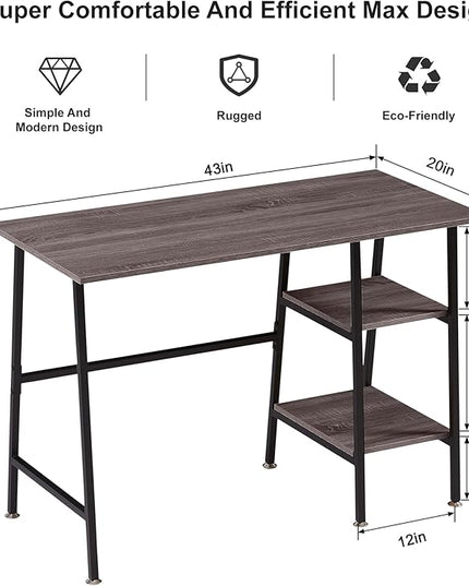 VECELO 43 Inch Computer Desk Writing Study Work Office Table Modern desk with shelves wooden desk for Home Bedroom,Brown Desk - LeafyLoom