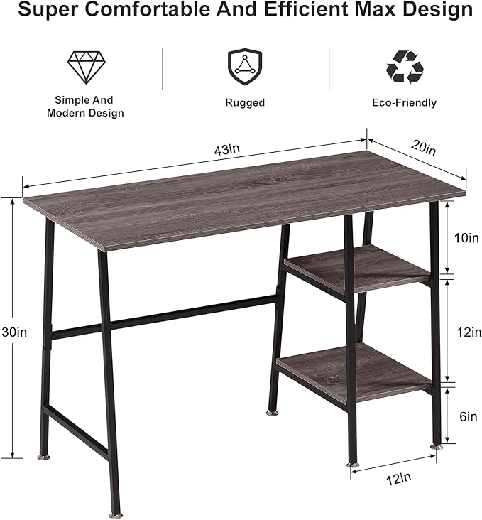 VECELO 43 Inch Computer Desk Writing Study Work Office Table Modern desk with shelves wooden desk for Home Bedroom,Brown Desk - LeafyLoom