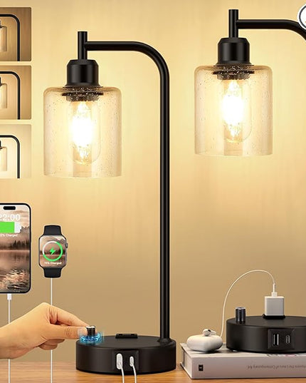 Industrial Table Lamps for Bedrooms Set of 2 - Fully Dimmable Bedside Lamps with USB A and C Ports and Outlet, Black Nightstand Lamps with Glass Shade for Living Room, Desk Lamps for Office Reading - LeafyLoom