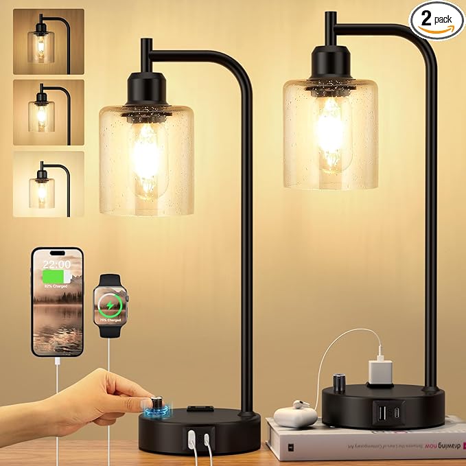 Industrial Table Lamps for Bedrooms Set of 2 - Fully Dimmable Bedside Lamps with USB A and C Ports and Outlet, Black Nightstand Lamps with Glass Shade for Living Room, Desk Lamps for Office Reading - LeafyLoom