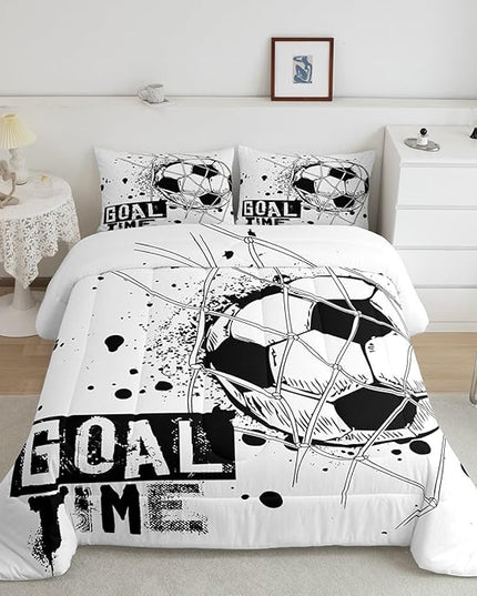 Erosebridal Kids Football Comforter Set Queen Size American Soccer Bedding Set Sports Games Duvet Sets for Boys Girls Children Teens Geometric Polygon Down Comforter for Bedroom, Black White - LeafyLoom