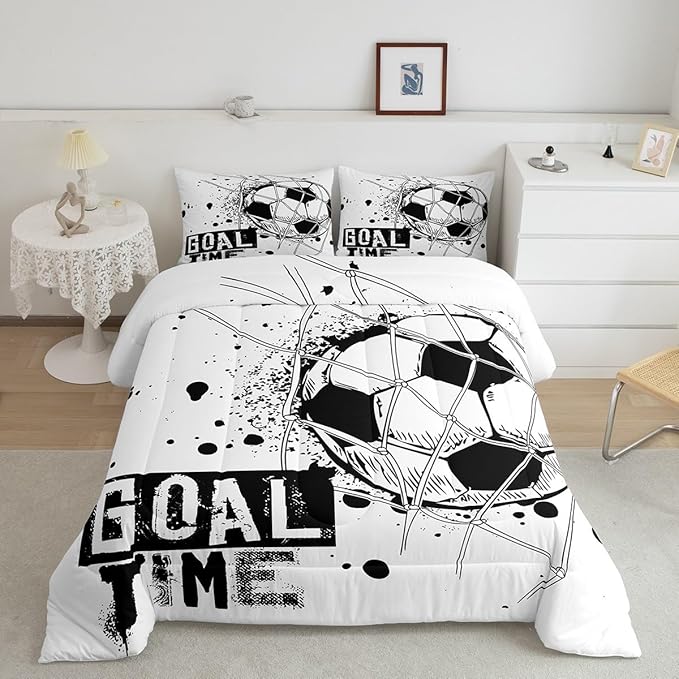 Erosebridal Kids Football Comforter Set Queen Size American Soccer Bedding Set Sports Games Duvet Sets for Boys Girls Children Teens Geometric Polygon Down Comforter for Bedroom, Black White - LeafyLoom