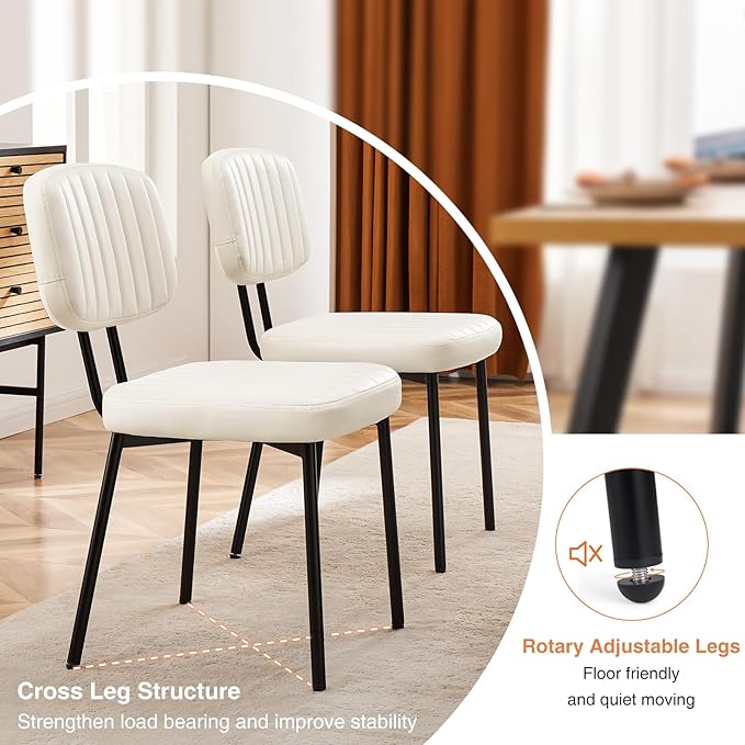 Sweetcrispy Dining Chairs Set of 2, Upholstered Mid Century Modern Kitchen Dining Room Accent Chairs with Faux Leather Cushion Seat & Metal Legs for Kitchen, Living Room - Cream - LeafyLoom