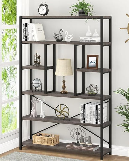LVB Industrial Tall Bookshelf, Modern Wood Metal 6 Tier Book Shelf, Farmhouse Large 6 Shelf Etagere Bookcase, Open Wide Storage Bookshelves and Bookcases for Bedroom Living Room Office, Dark Gray Oak - LeafyLoom