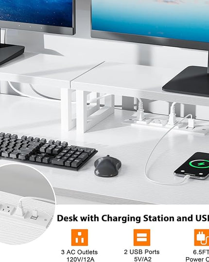 Furologee White Computer Desk with Drawer and Power Outlets, 47" Office Desk with 2 Monitor Stands and Fabric File Cabinet, Writing Gaming Table with Shelves and 2 Hooks for Home Office - LeafyLoom