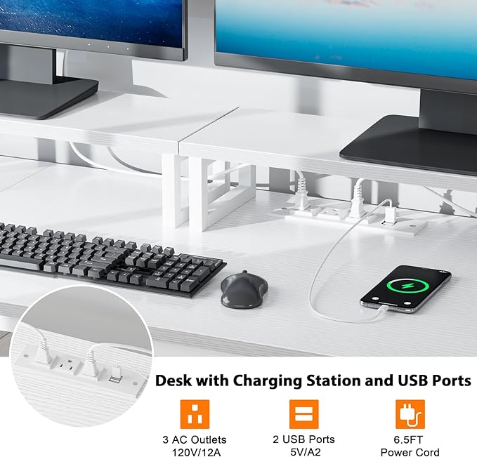 Furologee White Computer Desk with Drawer and Power Outlets, 55" Large Gaming Desk with Fabric File Cabinet and 2 Movable Monitor Shelves, Writing Table with CPU Stand and 2 Hooks for Home Office - LeafyLoom