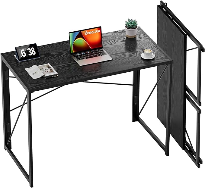 Coavas 31.5 inch Folding Desk No Assembly Required, Writing Computer Desk Space Saving Foldable Table Simple Home Office Desk, Black Wood - LeafyLoom
