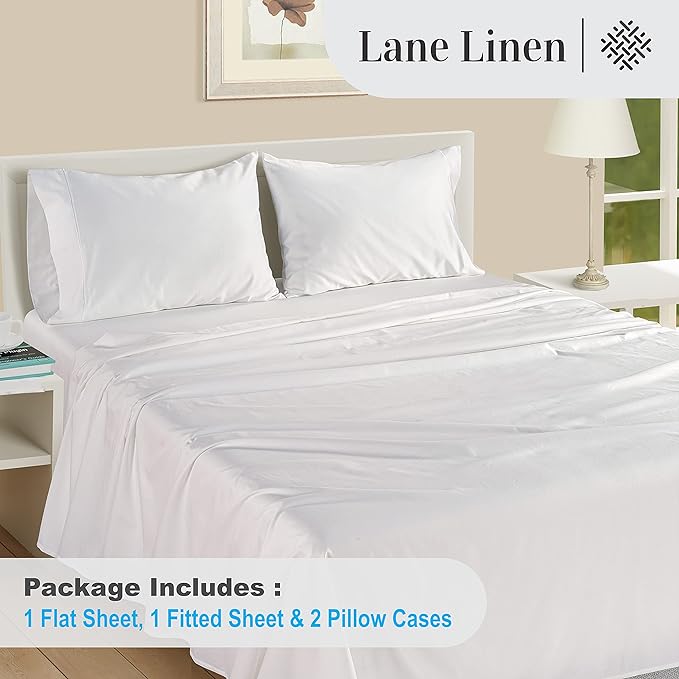 LANE LINEN 100% Egyptian Cotton Sheets King Size - 1000 Thread Count, 4Pc King Size Sheets set, Smooth Sateen Weave King Sheets, Ultra Luxury Bed Sheets, 16" Deep Pocket King Sheet Set - White Sheets - LeafyLoom