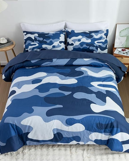 Meeting Story Camouflage Bedding Set, Colorful Pattern Style Comforter Set, 5 PCS One Comforter Two Pillowcases Two Sheets in One Bag, All Season Bedspread for Teens Adults (Navy,Queen 5Pcs) - LeafyLoom