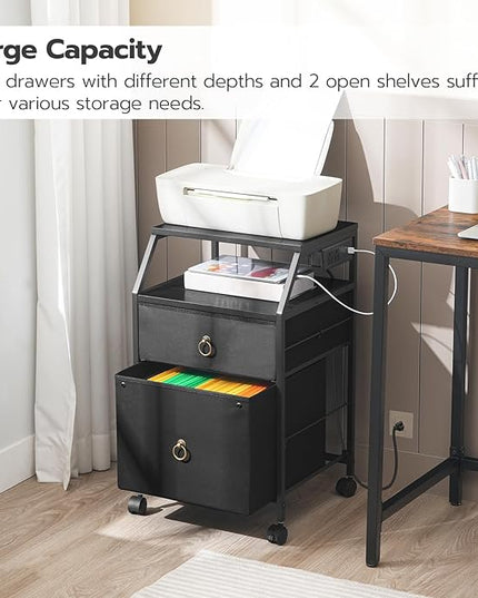 HOOBRO 2-Drawer Mobile File Cabinet, Filing Cabinet with Charging Station, Rolling Printer Stand with Open Storage Shelf, fits A4/Letter-Size for Home Office, Nonwovens Drawer, Black BB10UWJ01 - LeafyLoom