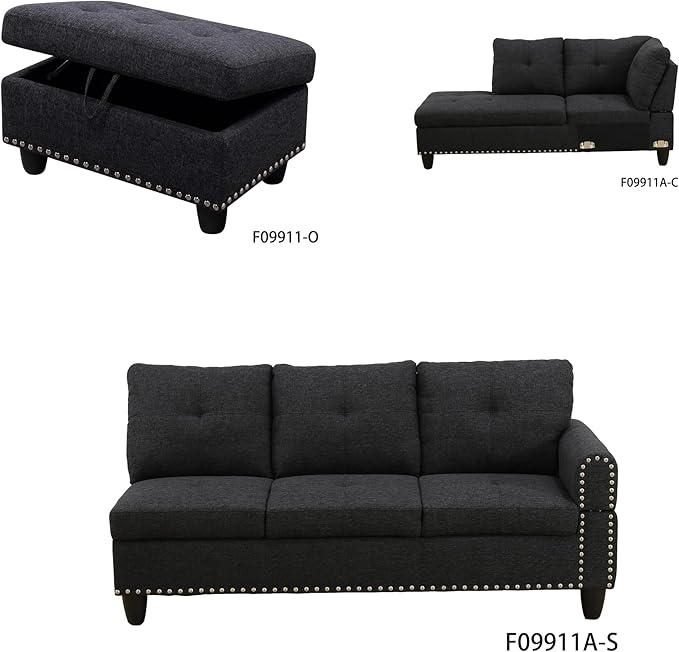 L Shaped Sofa with Ottoman Modern Sectional Living Room, Bedroom, Office, L Couch Black Grey - LeafyLoom