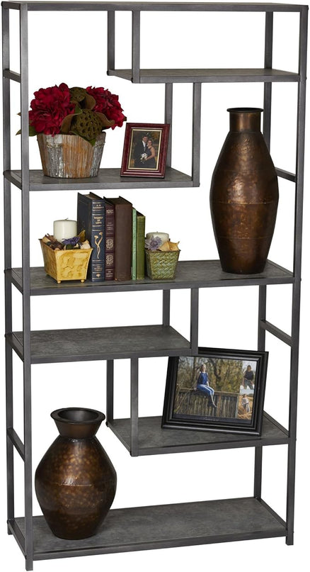 Household Essentials 8090-1 Tall Open Bookcase | Geometric Storage Shelves | Faux Slate Concrete - LeafyLoom