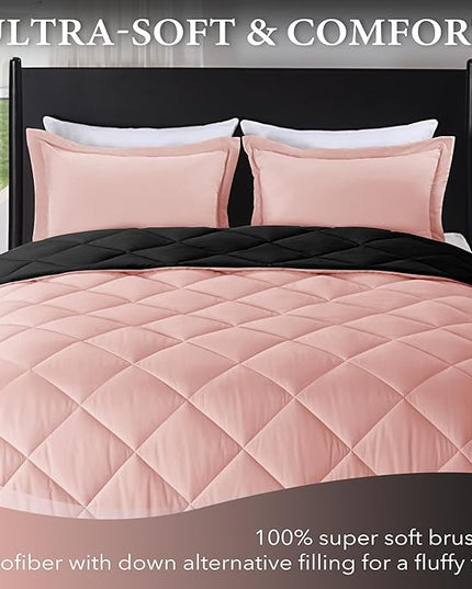 downluxe Queen Comforter Set - Pink and Black Queen Comforter, Soft Bedding Sets for All Seasons -3 Pieces - 1 Comforter (88"x92") and 2 Pillow Shams(20"x26") - LeafyLoom