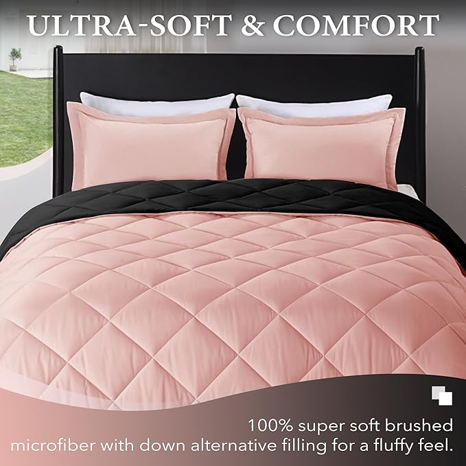 downluxe Queen Comforter Set - Pink and Black Queen Comforter, Soft Bedding Sets for All Seasons -3 Pieces - 1 Comforter (88"x92") and 2 Pillow Shams(20"x26") - LeafyLoom