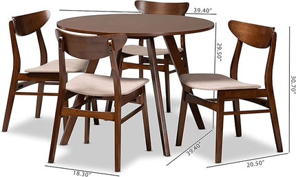 Baxton Studio Philip Mid-Century Modern Transitional Light Beige Fabric Upholstered and Walnut Brown Finished Wood 5-Piece Dining Set - LeafyLoom