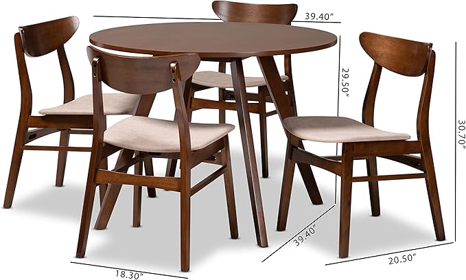 Baxton Studio Philip Mid-Century Modern Transitional Light Beige Fabric Upholstered and Walnut Brown Finished Wood 5-Piece Dining Set - LeafyLoom