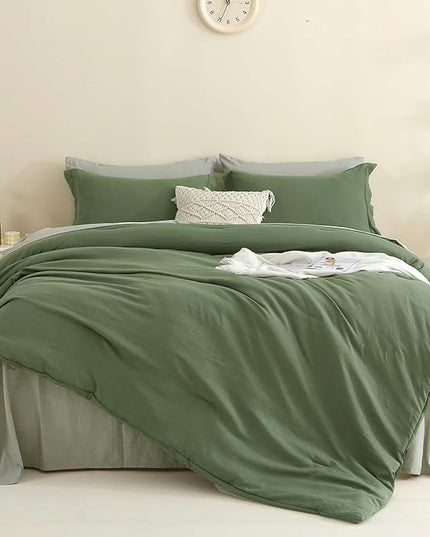 MILDLY King Size Comforter Set 7 Piece Color Clash, Olive Green Bed in a Bag, All Season Bedding Sets with 1 Comforter, 2 Pillow Shams, 2 Pillowcases, 1 Flat Sheet, 1 Fitted Sheet - LeafyLoom