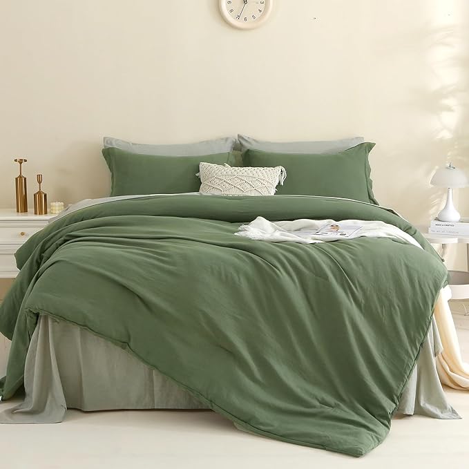 MILDLY California King Size Comforter Set 7 Piece Color Clash, Olive Green Bed in a Bag, All Season Bedding Sets with 1 Comforter, 2 Pillow Shams, 2 Pillowcases, 1 Flat Sheet, 1 Fitted Sheet - LeafyLoom